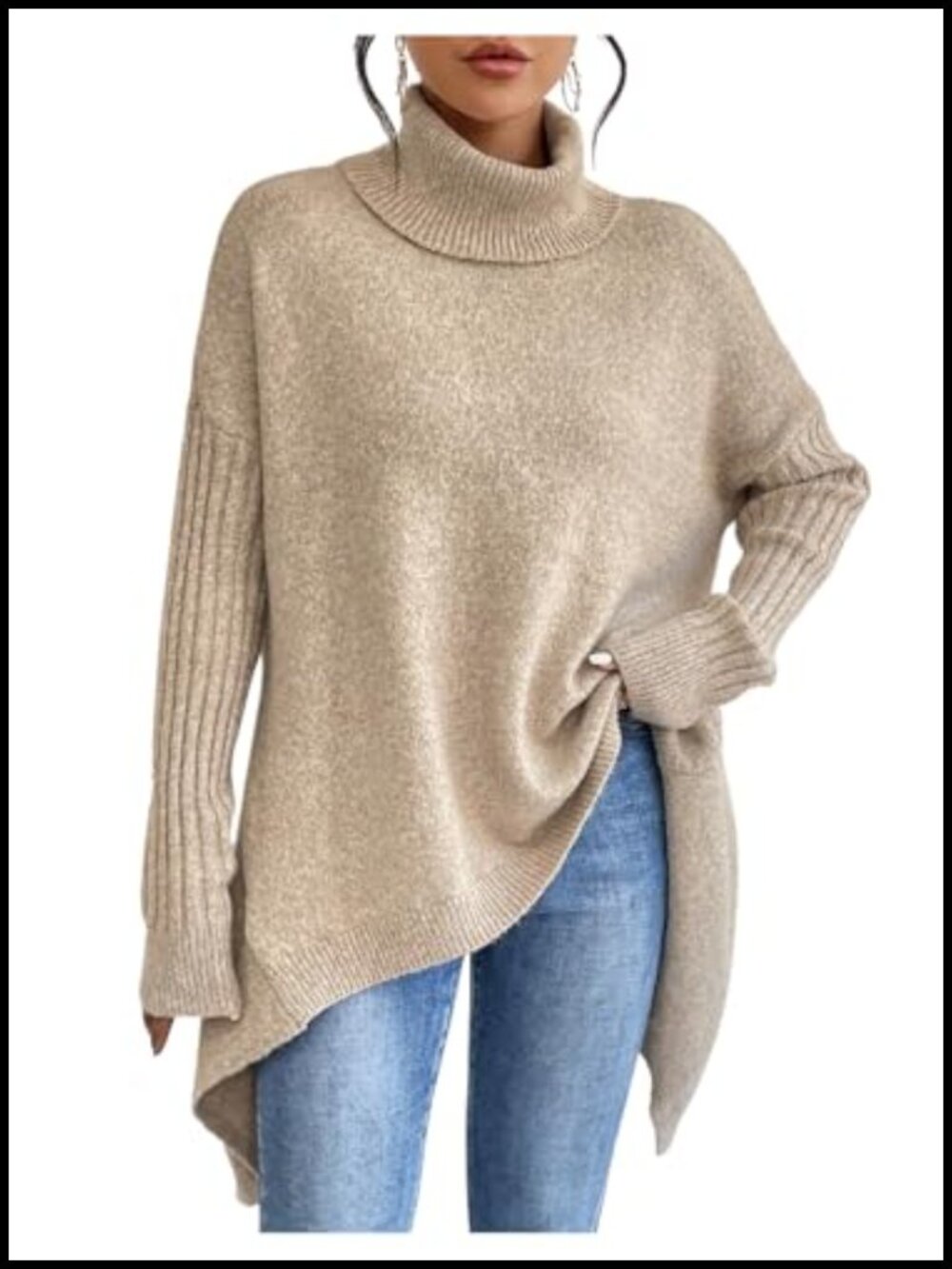 Women's Oversized Turtleneck Sweater Long Sleeve Asymmetrical Hem Pullover